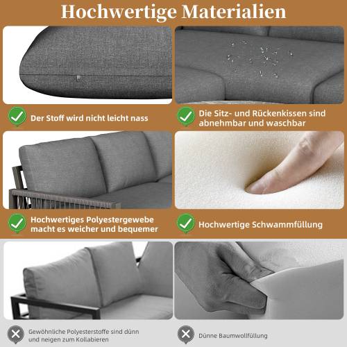 Gartenmöbel-Set MetaRopeNatur 5-teilig Grau - Holzwerkstoff - Glas - Metall - Kunststoff - Textil - 233 x 86 x 178 cm