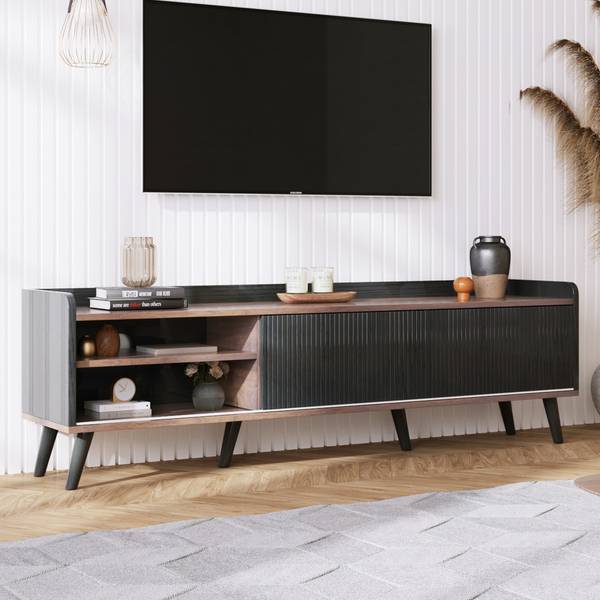 TV-lowboard met Schuifdeuren Eos I zwart - bruin - staal - 40 x 58 x 160 cm