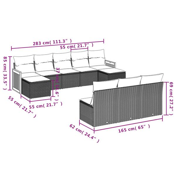 Garten-Lounge-Set 3035027-1 10-teilig Schwarz - Weiß - Polyrattan - 55 x 69 x 62 cm