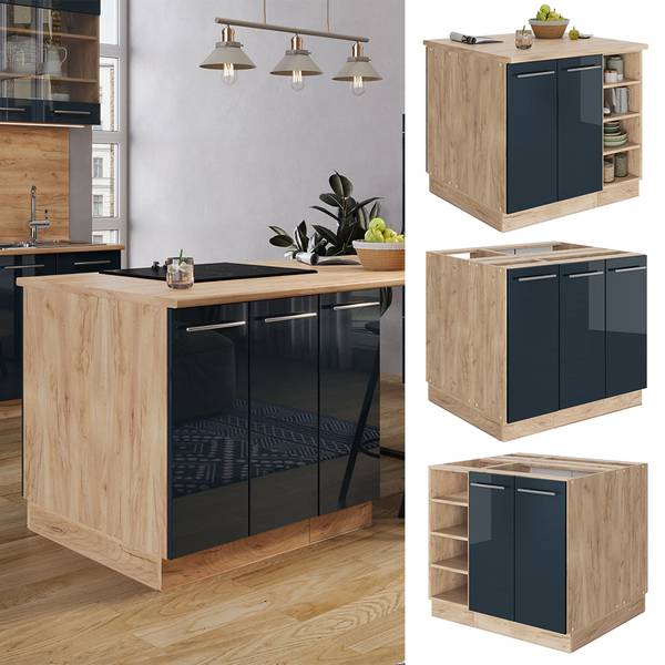 Keukeneiland Fame-Line 49789 hoogglans nachtblauw - eikenhouten look
