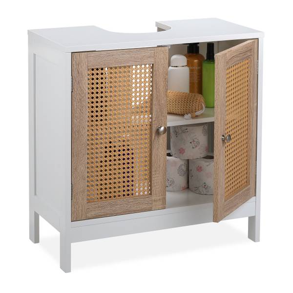 Waschbeckenunterschrank mit Rattan-Türen Braun - Weiß - Holzwerkstoff - Kunststoff - 60 x 62 x 30 cm