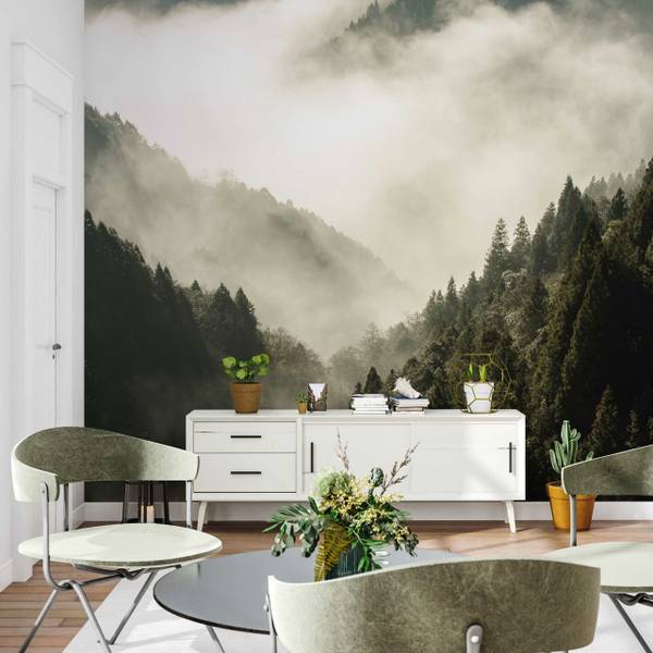Fototapete WALD IM NEBEL Bäume Natur 3D Grün - Fleece - 135 x 90 x 90 cm