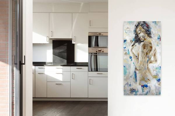 Acrylbild Handgemalt Frau Jec Blau - Baumwollstoff - 60 x 120 x 4 cm