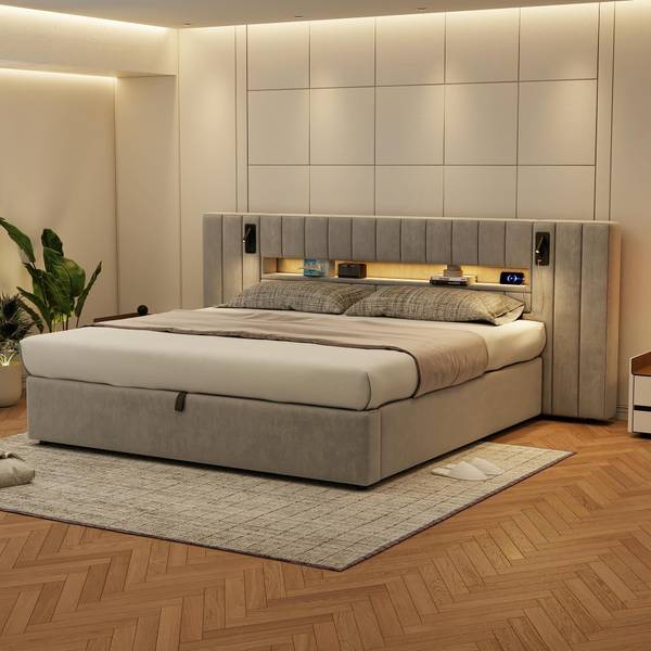 Bett Anzaks Super king Grau - Samt - 200 x 105 x 180 cm
