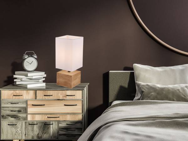 Tischleuchte Holzfuß, Stoffschirm Weiß Holz - Weiß