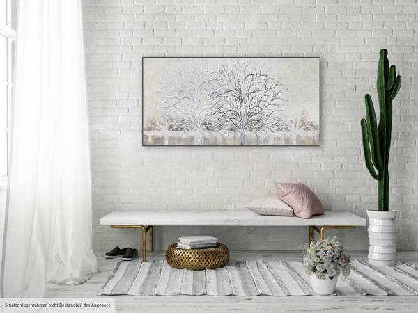 Tableau peint à la main Branche argentée Beige - Blanc - Coton - 120 x 60 x 4 cm