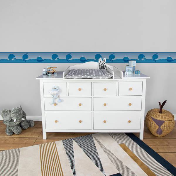 Kinderzimmer Bordüre Selbstklebend Wale Blau - Weiß - Mischgewebe - 53 x 1005 x 1 cm