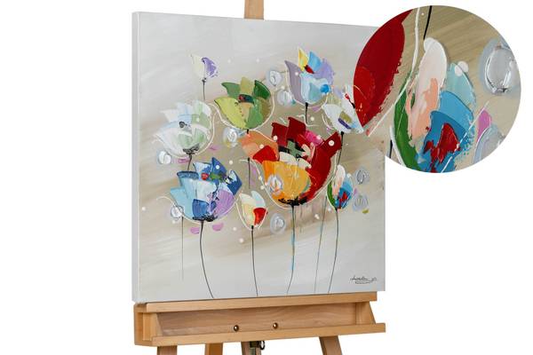 Acrylbild Handgemalt Blüten Zeh Baumwollstoff - 60 x 60 x 4 cm