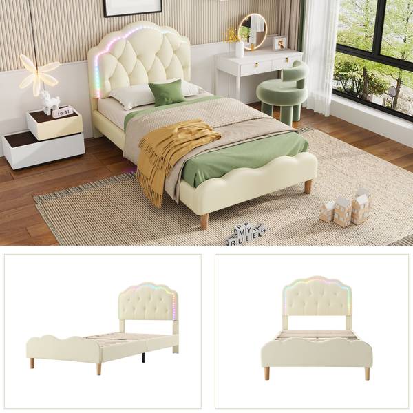 Polsterbett Lotte Beige - Holzwerkstoff - Massivholz - Kunstleder - 95 x 107 x 206 cm