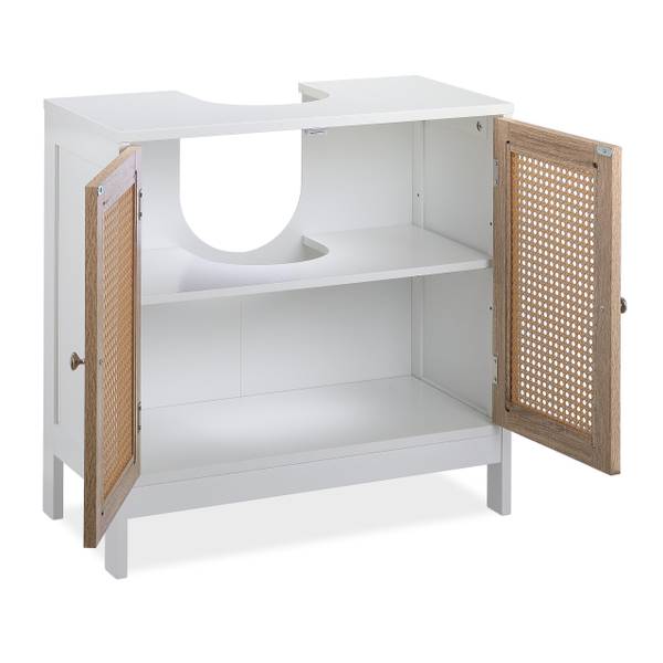 Waschbeckenunterschrank mit Rattan-Türen Braun - Weiß - Holzwerkstoff - Kunststoff - 60 x 62 x 30 cm