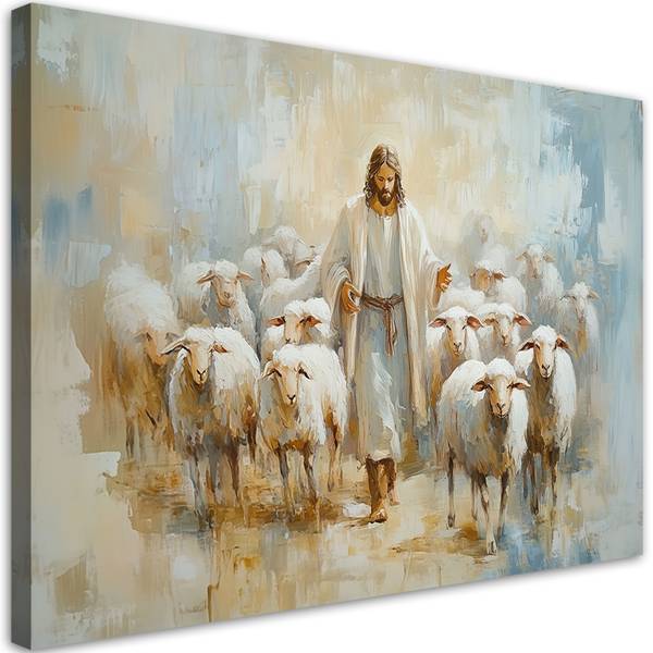 Canvas schilderij Jezus, de goede herder beige - polyester - 100 x 70 x 3 cm