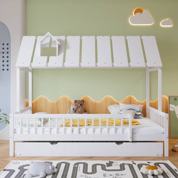 Hausbett mit Rollbett-O2913 Weiß - Massivholz - 169 x 169 x 205 cm