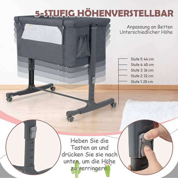 3 in 1 Beistellbett Grau - Metall - 63 x 81 x 86 cm