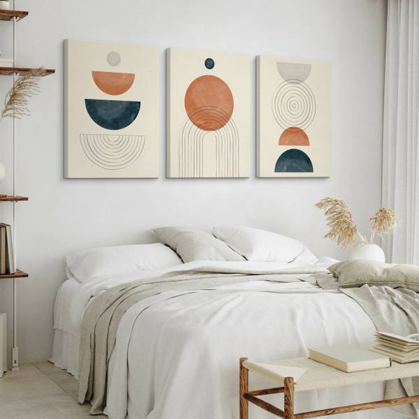 Leinwandbilder KREISE Boho 3-er Set Beige - Schwarz - Blau - Braun - Orange - Türkis - Leinen - 90 x 40 x 40 cm