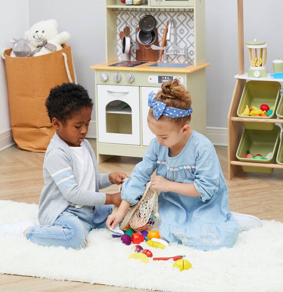 Fruitset légumes avec filet à provisions Vert - En partie en bois massif - 6 x 27 x 32 cm