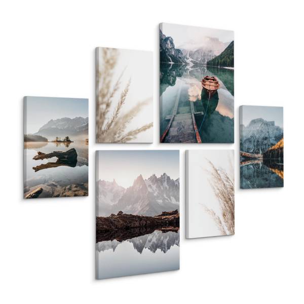 Leinwandbilder Set Berge See Wald Natur Grau - Grün - Weiß - Leinen - 90 x 80 x 80 cm