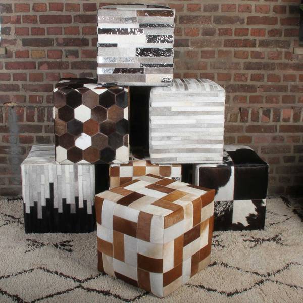 Patchwork Fellhocker Liem Weiß - Holzwerkstoff - Echtfell - 45 x 48 x 45 cm