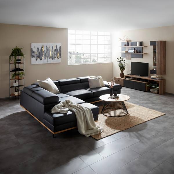 Wohnlandschaft CARMEN LINKS Schwarz - Lederfaserstoff - Textil - Holz teilmassiv - 292 x 72 x 226 cm