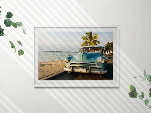 Bild Auto am Meer Weiß - 100 x 70 cm