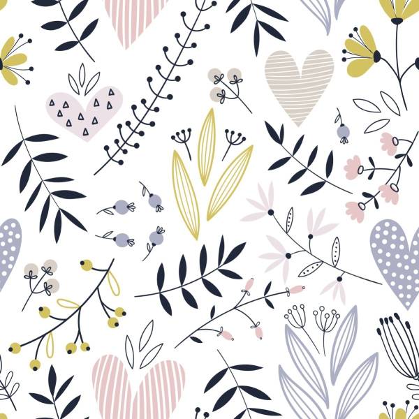 Papier Peint FEUILLES Fleurs Cœurs Noir - Mauve - Blanc - Polaire - 53 x 1000 x 1000 cm