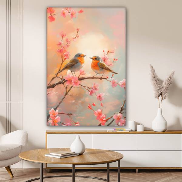 LEINWANDBILD Rotkehlchen Pink - Baumwollstoff - 80 x 120 x 2 cm
