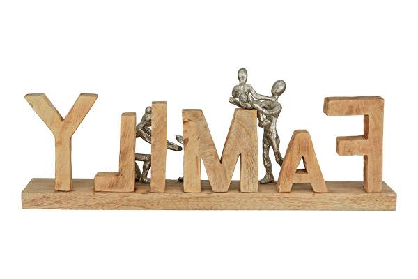 Holz Schriftzug Family Handgefertigt ALU Braun - Silber - Aluminium - 55 x 21 x 8 cm