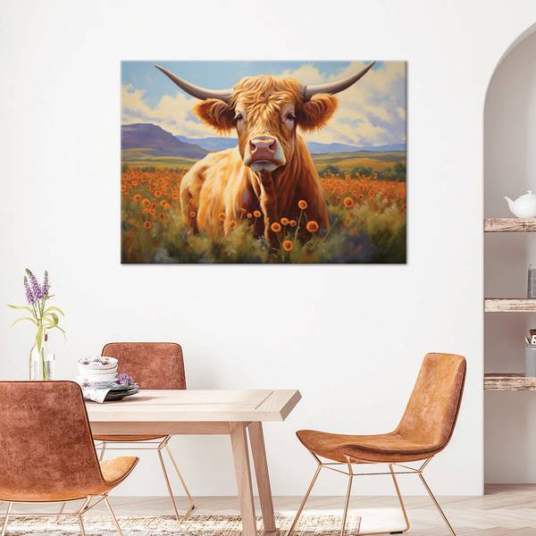 Wandbild schottische kuh auf einer wiese 90 x 60 cm