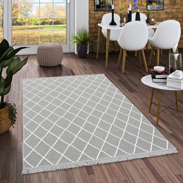Teppich Beidseitig Ethno Kelim Rauten Grau - Weiß - Textil - 140 x 1 x 200 cm