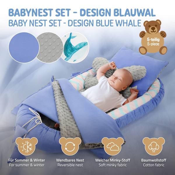 Babynestchen-Set 5-tlg. Blau - Samt - 50 x 10 x 90 cm