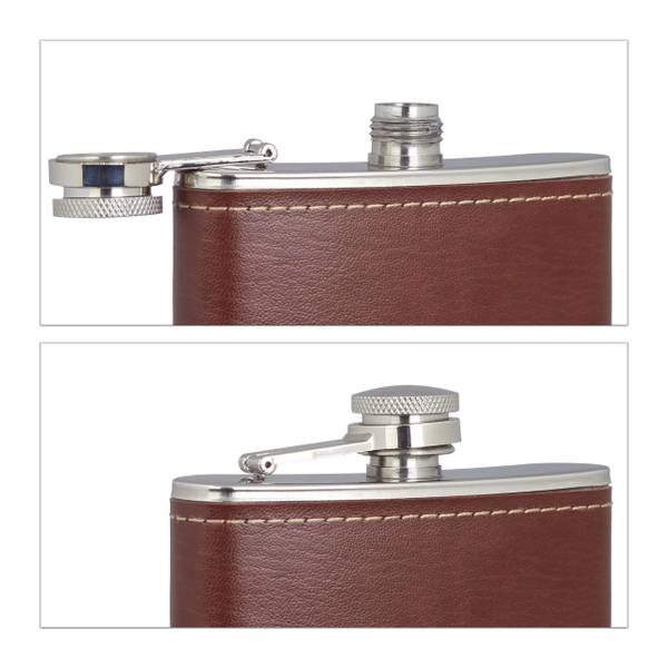 10x Flachmann 200ml mit Kunstleder Braun - Silber - Metall - Kunststoff - 10 x 13 x 2 cm