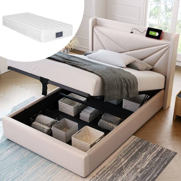 Polsterbett-BB025 Beige - Massivholz - 96 x 107 x 208 cm