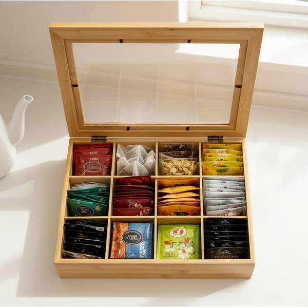 Boîte à thé en bambou, 12 compartiments Marron - Bambou - Matière plastique - 28 x 9 x 23 cm