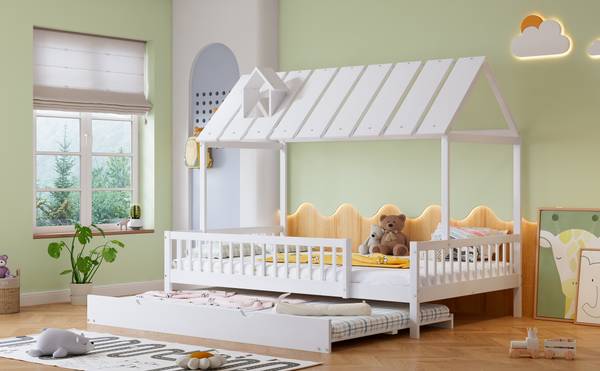 Hausbett mit Rollbett-O2913 Weiß - Massivholz - 169 x 169 x 205 cm