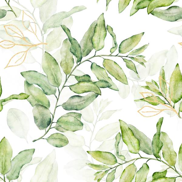 Papier Peint FEUILLES Aquarelle Nature Beige - Vert - Blanc - Polaire - 53 x 1000 x 1000 cm