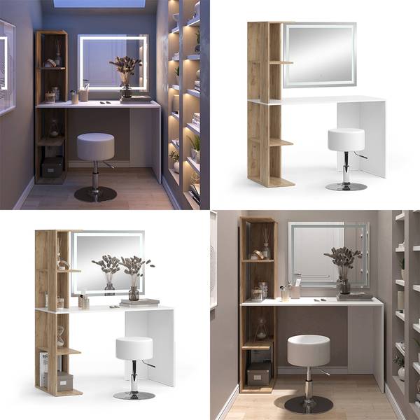 Kaptafel set met kruk Tower 49449 bruin - wit - plaatmateriaal op houtbasis - 123 x 76 x 56 cm