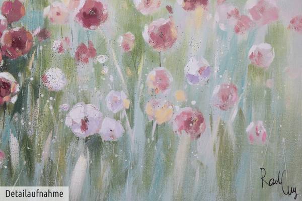 Acrylbild Handgemalt Blüten Zex Grün - Pink - Baumwollstoff - 150 x 50 x 4 cm
