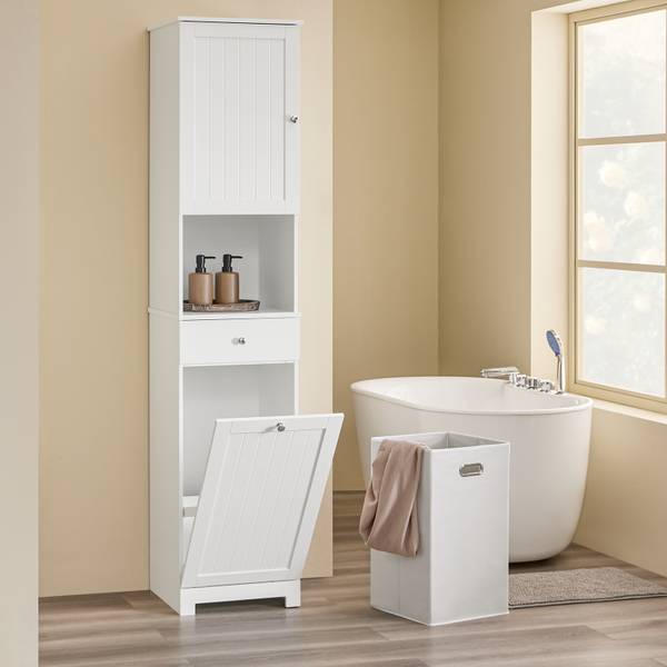 Armoire haute de salle de bain BZR216-W Blanc - Bois manufacturé - 40 x 180 x 38 cm