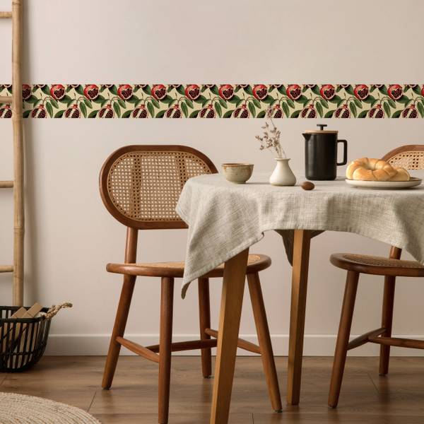 Tapetenbordüre GRANATAPFEL Obst Blätter Beige - Grün - Rot - Fleece - 10 x 300 x 300 cm