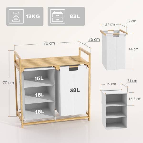 Wäschesammler CB60 Weiß - Bambus - 36 x 70 x 70 cm