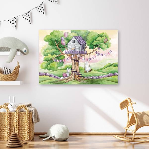 Wandbild kaninchen baumhaus 90 x 60 cm