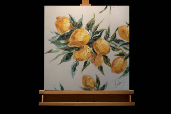 Tableau peint à la main Branche Citron Jaune - Coton - 50 x 50 x 4 cm