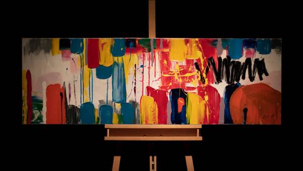 Acrylbild Handgemalt Action Painting Pim Weiß - Baumwollstoff - 150 x 50 x 4 cm