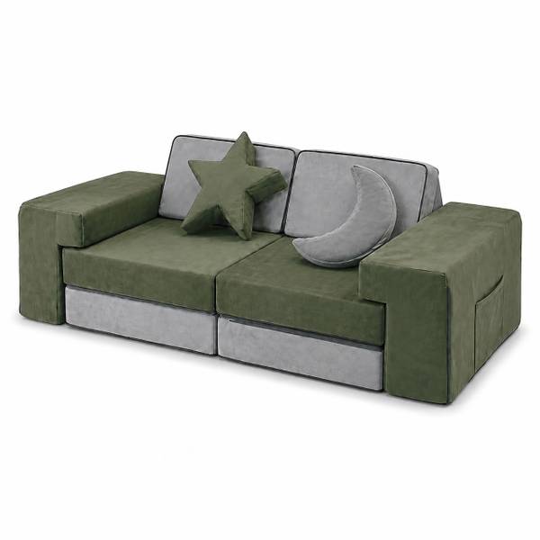 Canapé de jeu modulaire enfant, 10 pcs Gris - Vert - Polyester - 140 x 45 x 65 cm