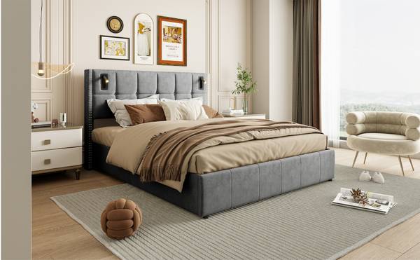 Polsterbett YCC01 Grau - Metall - Massivholz - 169 x 107 x 205 cm