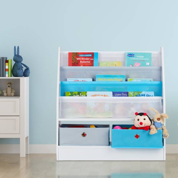 Kinderregal mit 2 Boxen & 3 Hängefächern Grün - Hellblau - Weiß