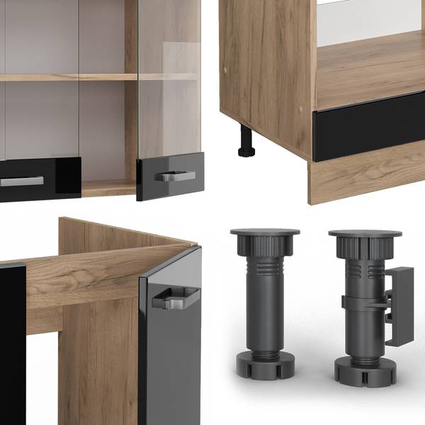 Eckküche R-Line 43019 12er Set Hochglanz Schwarz - Eiche Dekor