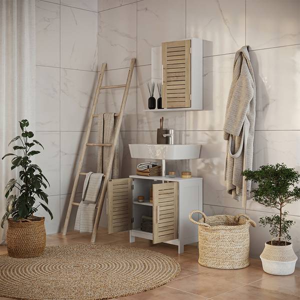 Badmöbel-Set Looma 58456 2er Set Braun - Weiß - Holzwerkstoff - 60 x 60 x 30 cm