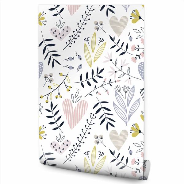 Papier Peint FEUILLES Fleurs Cœurs Noir - Mauve - Blanc - Polaire - 53 x 1000 x 1000 cm
