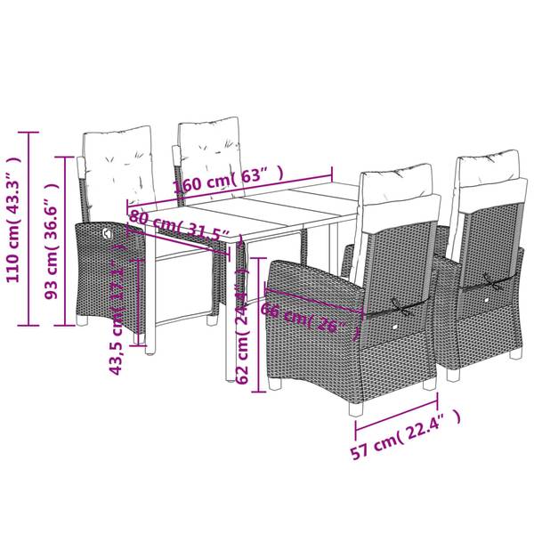Salle à manger 3033392-3 lot de 5 Noir - Polyrotin - 80 x 74 x 160 cm
