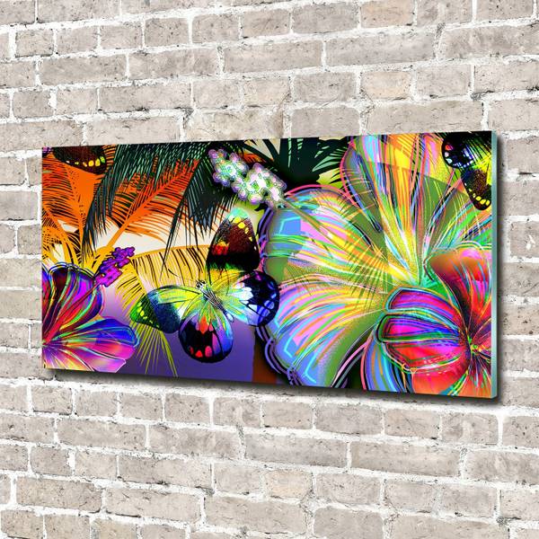 Glasbild Blumen Schmetterling 140 x 70 cm